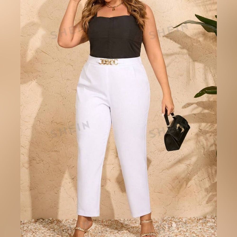 White Satin/Sheen Feel Gold Buckle Pants Sz 1XL 14